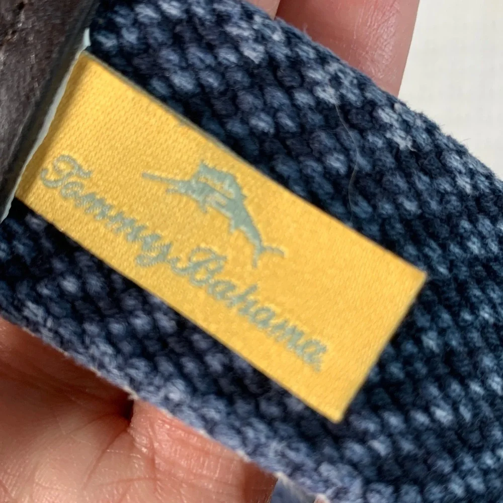 Tommy Bahama woven blue belt with brown leather trim size 44